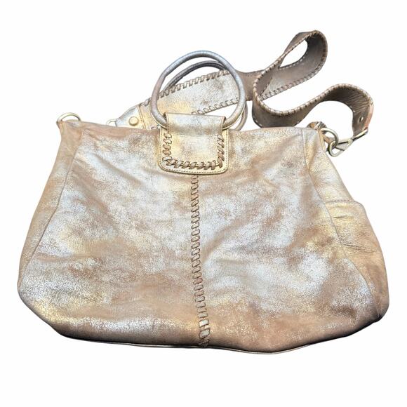 HOBO Sheila Distressed Metallic Gold Leather Satchel Crossbody Bag - Picture 15 of 16
